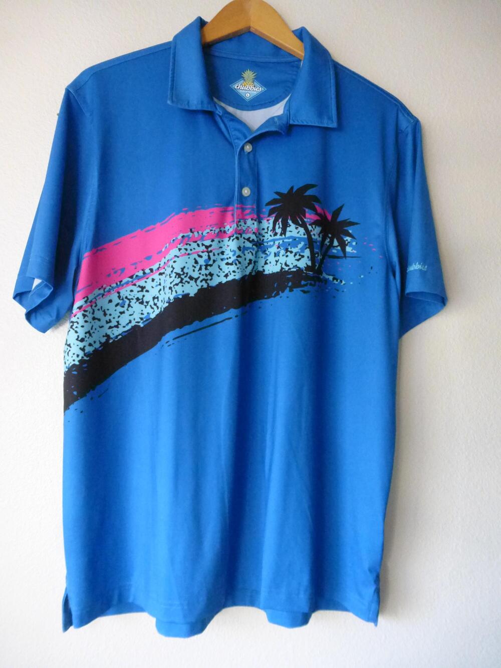 Chubbies Polo Shirt Mens Large Blue Palm Tree Graphic Tropical Golf Performance